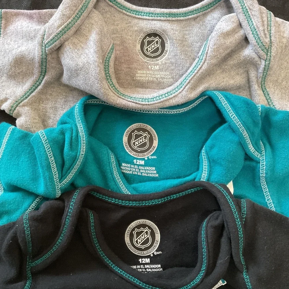 Lot of 3 San Jose‎ Sharks Bodysuit Shirts Boys 9-12 Months NHL Hockey One-piece
